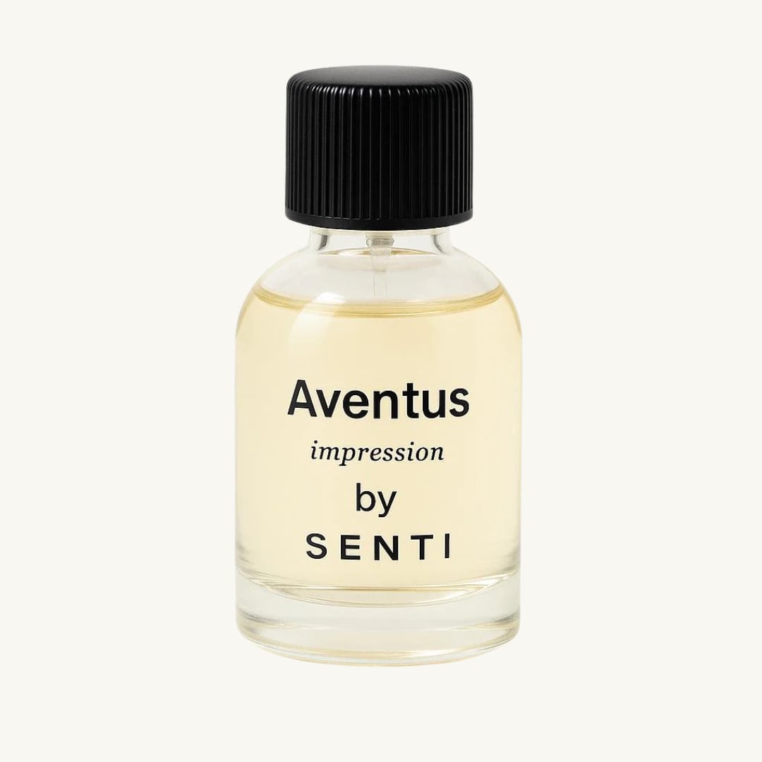 A single clear glass bottle of Senti Aventus Impression perfume, featuring a black ridged cap and yellow-tinted liquid, against a clean off-white background.