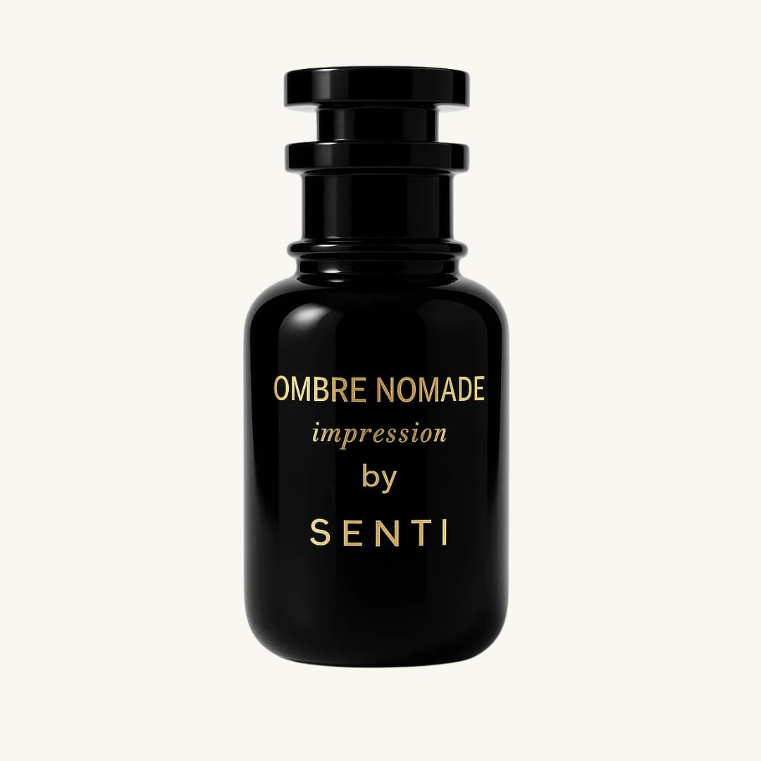 A single opaque black Senti Ombre Nomade Impression perfume bottle with a dark cap and gold lettering, against a clean off-white background.