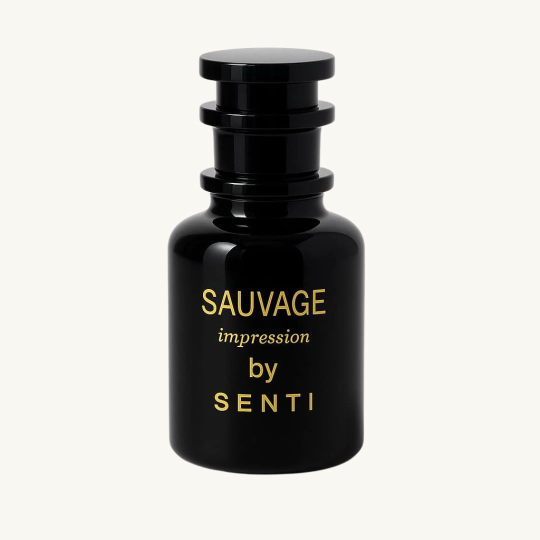 A single opaque black Senti Sauvage Impression perfume bottle with a dark cap and gold lettering, against a clean off-white background.