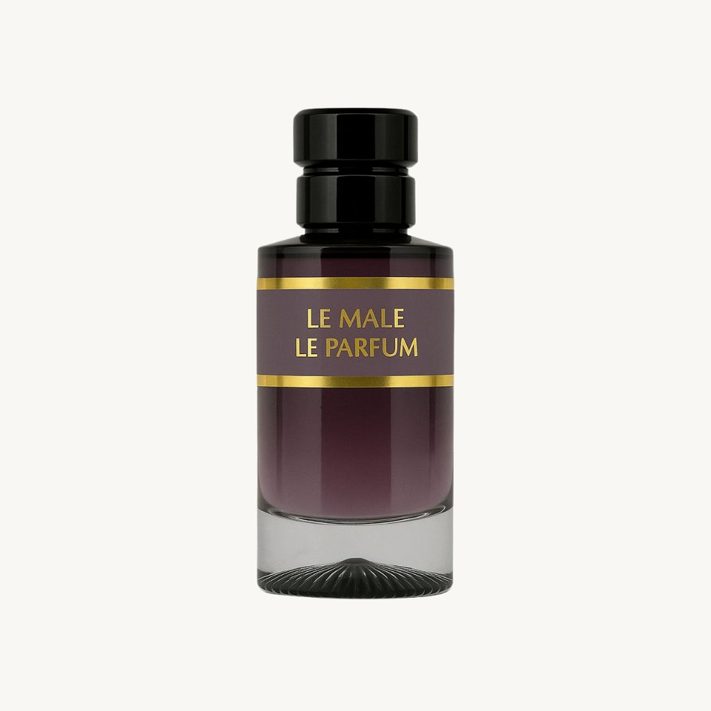 Perfume bottle labeled 'Le Male Le Parfum' on a white background