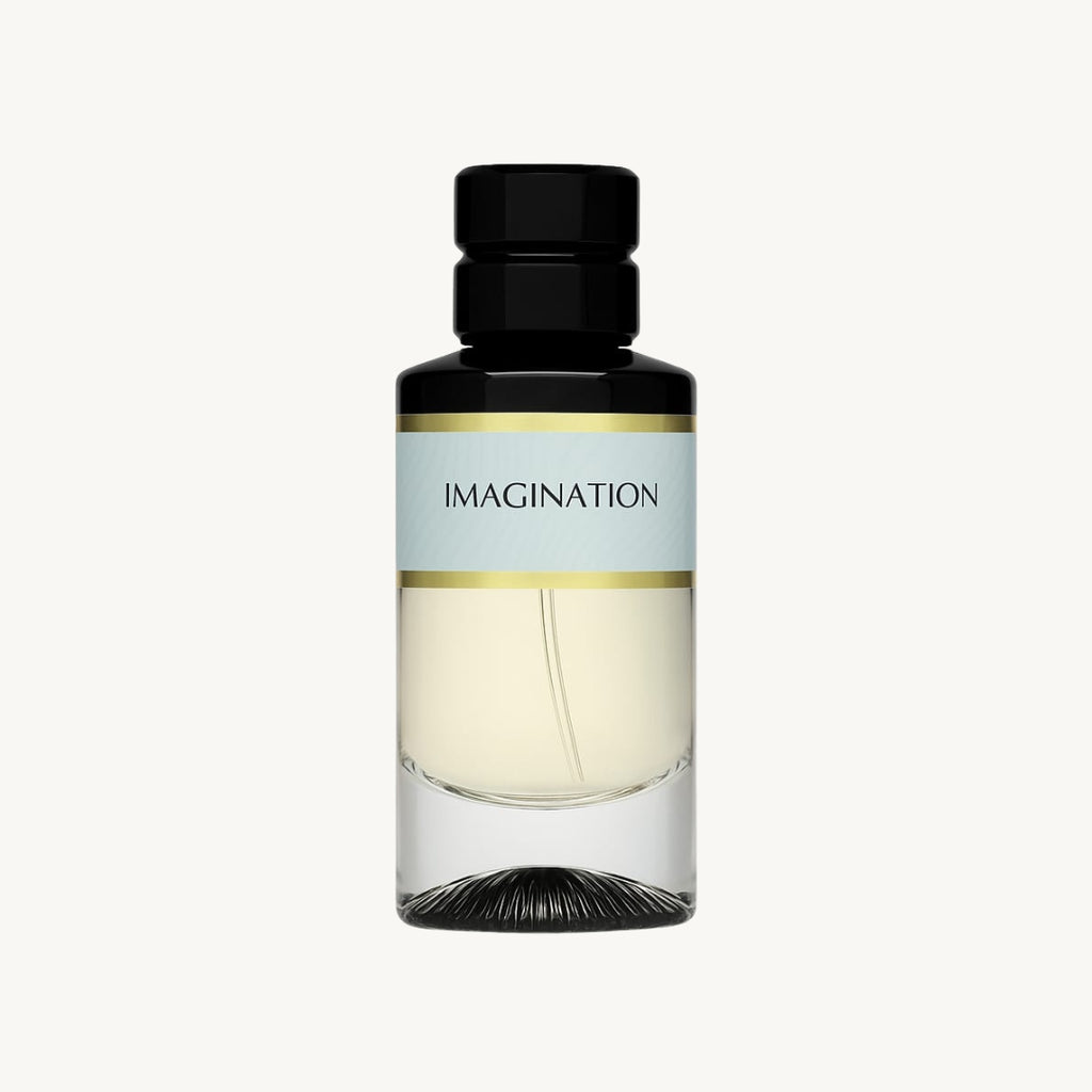 Perfume bottle labeled 'Imagination' on a white background