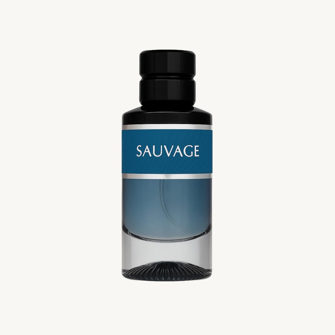 Perfume bottle labeled 'SAUVAGE' on a white background