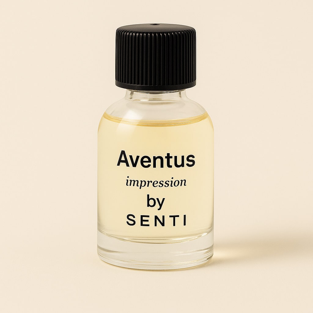 Close-up of a Senti 'Aventus impression' perfume bottle with a black cap, set against a light background, representing the 'For Him' fragrance collection.