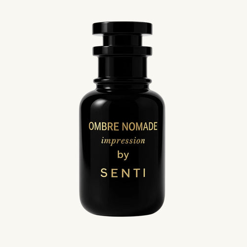 A single opaque black Senti Ombre Nomade Impression perfume bottle with a dark cap and gold lettering, against a clean off-white background.